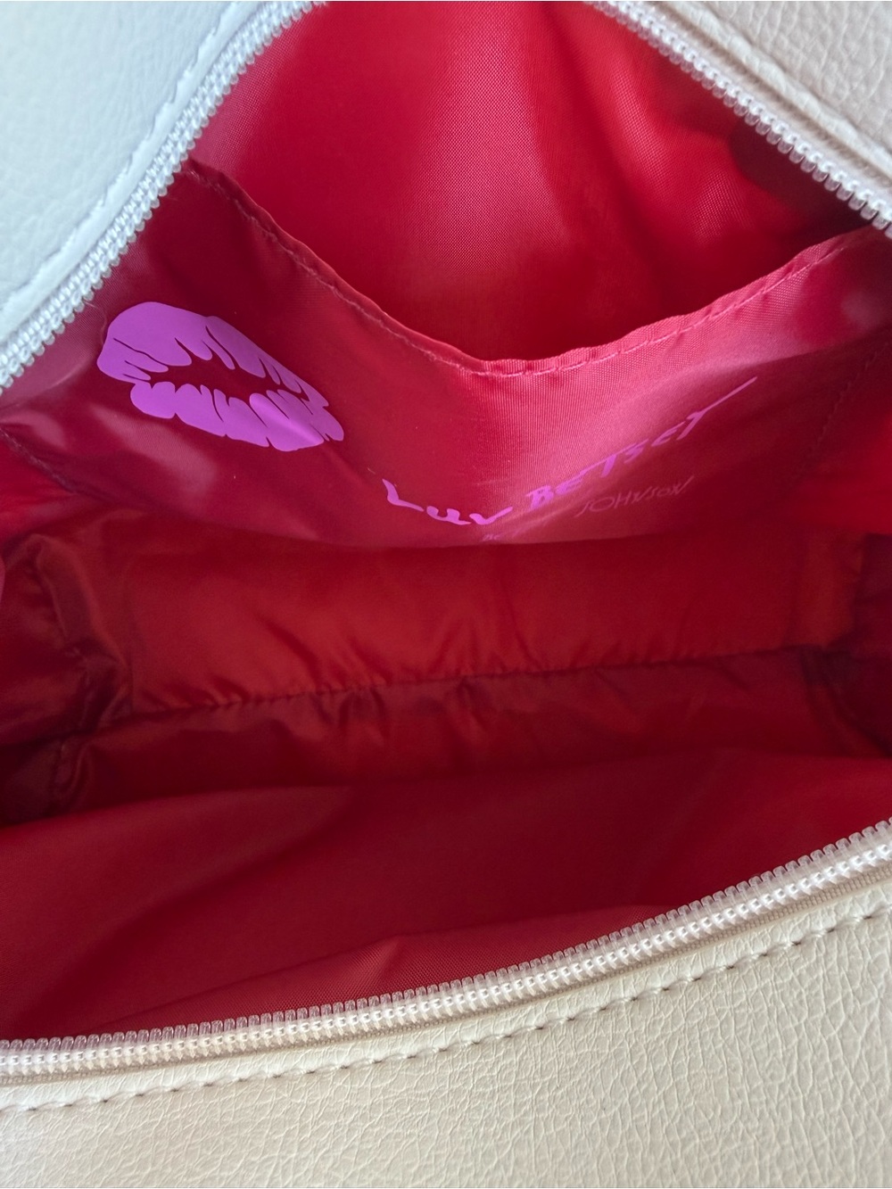 Betsey Johnson Cream Canvas Tote with Red Heart Pom and Fruit & Veggie Print - Picture 5 of 6